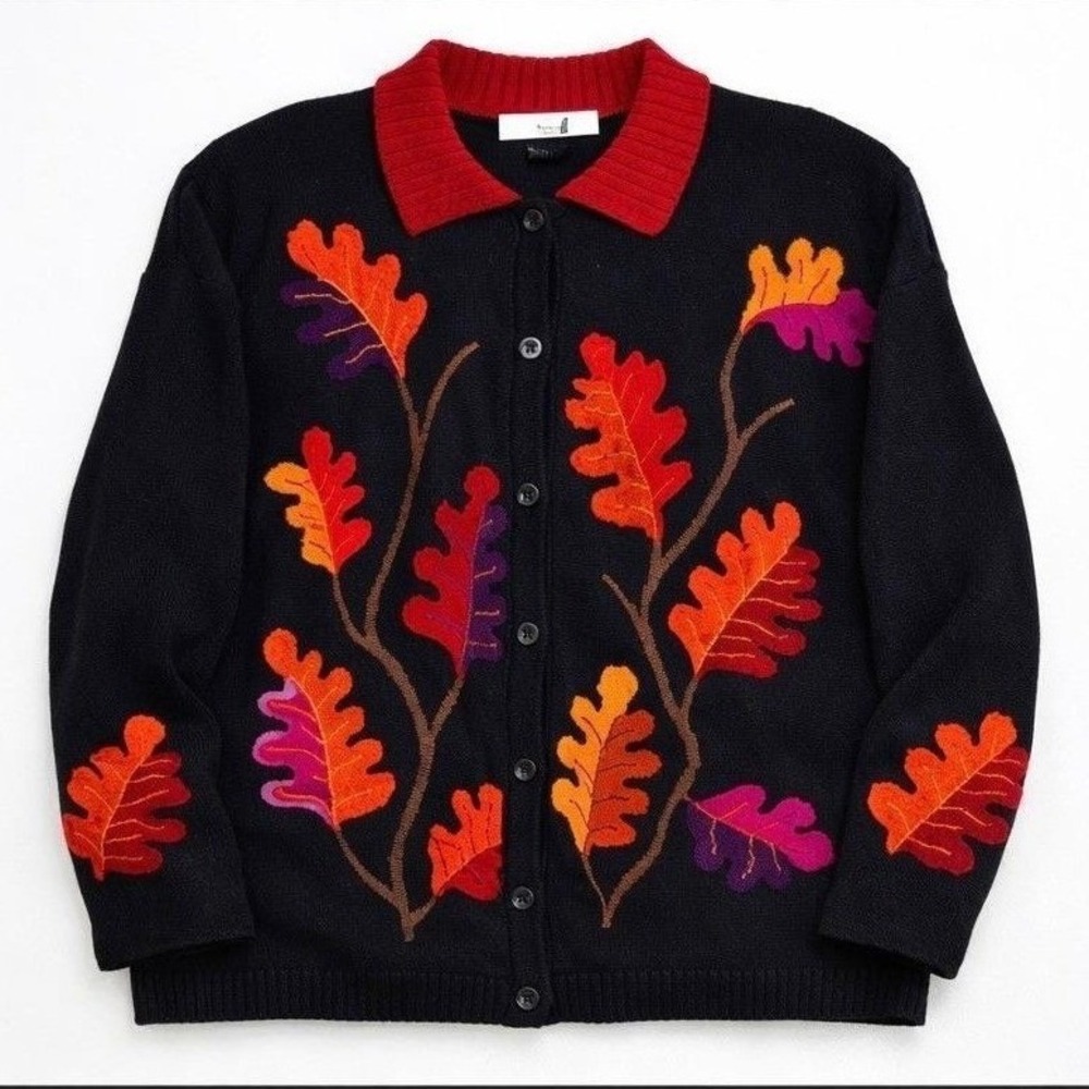 Design Options Fall Leaf Embroidered Cardigan Sweater Women XL Black Cottagecore